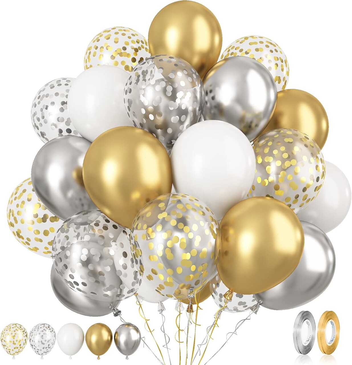 Gold and Silver Latex Balloons, 60 Pcs 12 Inch Metallic Gold Silver and White Confetti Balloons